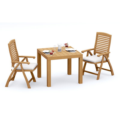 2 Seats 3 Pcs Grade-A Teak Wood Dining Set: 36" Square Table And 2 Ashely Folding Reclining Arm Chairs #11AS0802