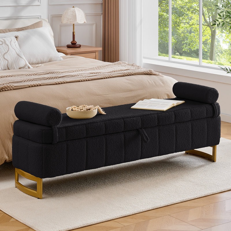 Banc de rangement 63 po pour chambre avec pattes dorées et coussin d'accoudoir mobile 63 po, Noir