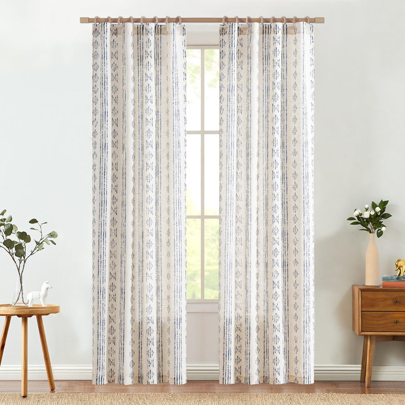 Linen Blend Semi-Sheer Rod Pocket Curtain Pair, 38" W x 84" L, Blue on Beige