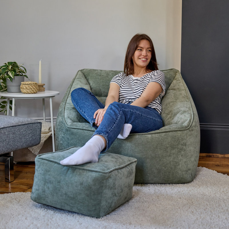Natalia Armchair Bean Bag and Square Footstool, Chenille, Green