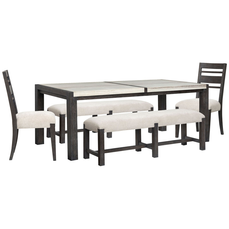 Table de salle à manger rectangulaire avec 2 bancs et 2 chaises d'appoint, 5 pièces: table, 2 bancs, 2 chaises