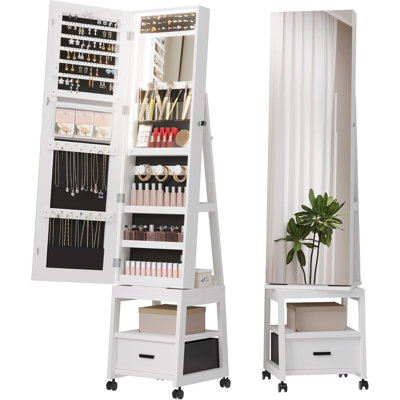 Armoire à bijoux pivotante à 360 °, miroir pleine longueur rotatif 66 po avec rangement et tiroir
