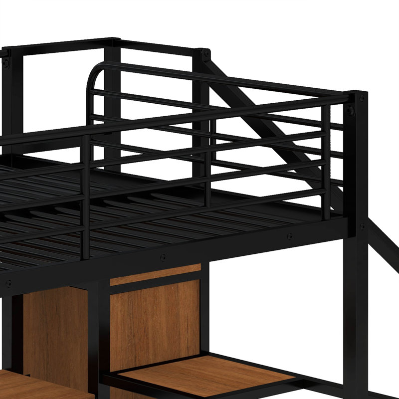 Metal Full Loft Bed With Wardrobe And LED Light, Black