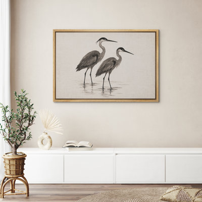 Heron Pair in Shallow Waters Framed Canvas Wall Art Print, Black and White Minimalist Bird Illustration