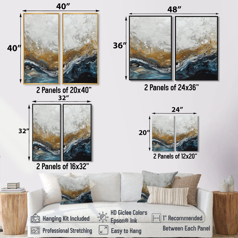 Gris et or moderne abstrait contemporain II - art mural abstrait en marbre 2 pièces, 36'' H x 48'' W, Black