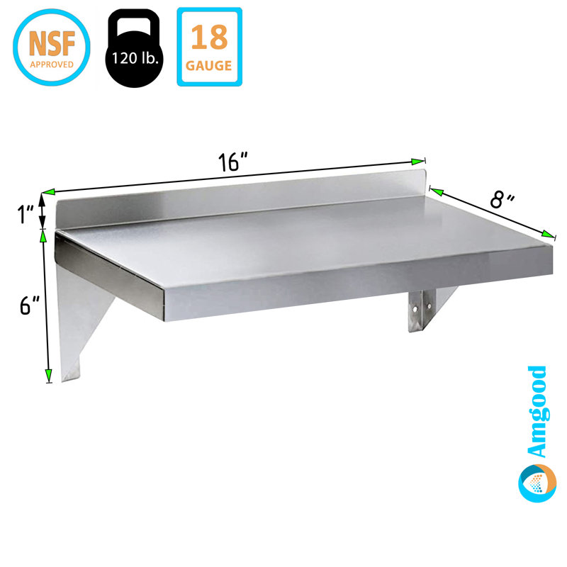 Small Stainless Steel Wall Shelf, 7" H x 16" W x 8" D