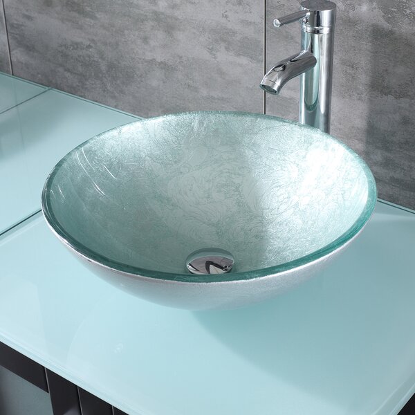 Wonline 16.34'' Tempered Glass Circular Vessel Bathroom Sink with ...
