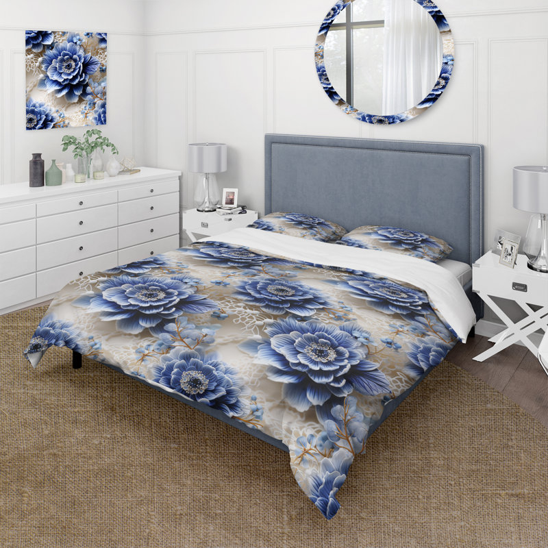 Ensemble de housse de couette Cobalt Blue Lace Medallions Victorian Pattern