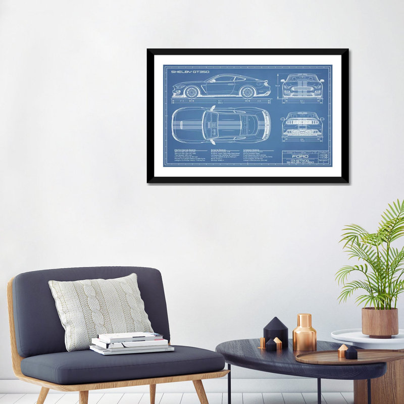 GT350 Shelby (2015-2019) Blueprint-impression de dessin, Blanc, H 24 po x l 32 po x P 1 po, Papier encadré noir
