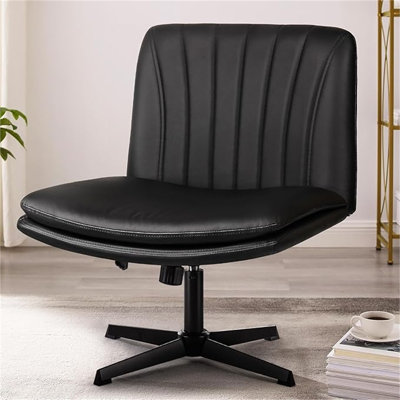 PUKAMI Criss Cross Legged Office Chair,Armless Office Desk Chair No Wheels,PU Leather Modern Swivel Vanity Chair,Height Adjustable Wide Seat Mid Back