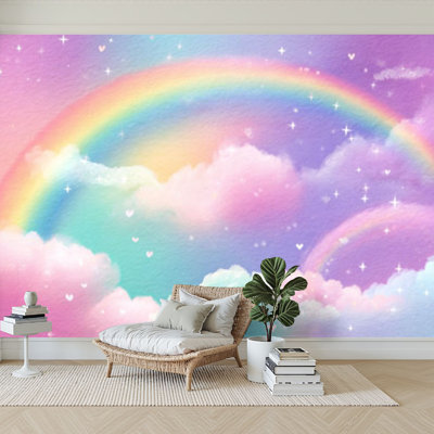 Peel and Stick Wallpaper 96" W x 69" H Modern Self Adhesive Wall Mural for Bedroom Holographic fantasy rainbow clouds Pastel color sky Magical landscape