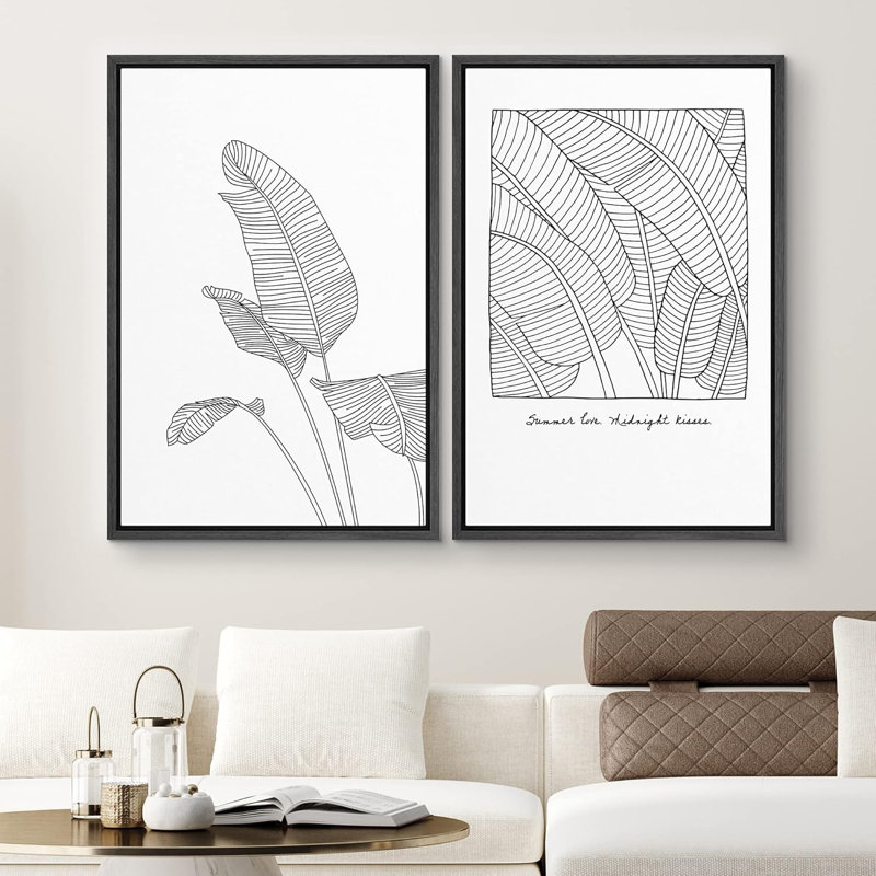Duo de feuilles de bananier et phrase, illustrations de plantes florales, art moderne, panoramique, noir et blanc