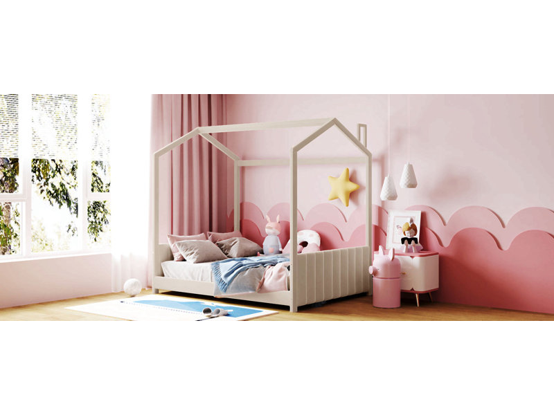 Twin Size Velvet House Bed Wood Bed, Beige, Full