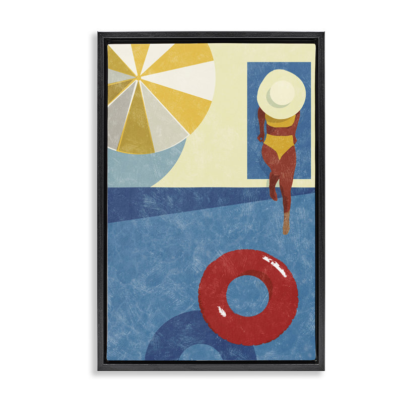 Été au bord de la piscine, toile brune encadrée par Victoria Barnes, Cadre flottant noir de jais, H 25 po x l 17 po