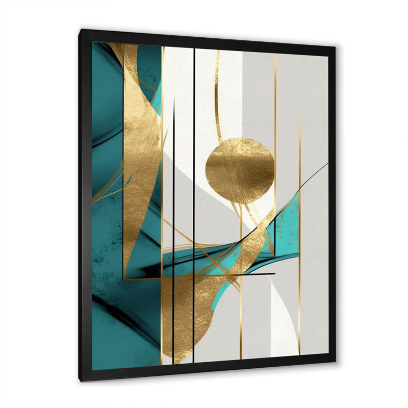 Pleine lune or et turquoise minimalisme sur toile, Cadre simple noir, H 32 po x l 16 po x P 1 po