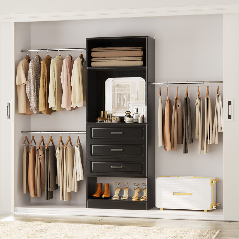 25" - 96” W Closet System with Wooden Drawers and Hanging Rods(Cut to Fit), Black