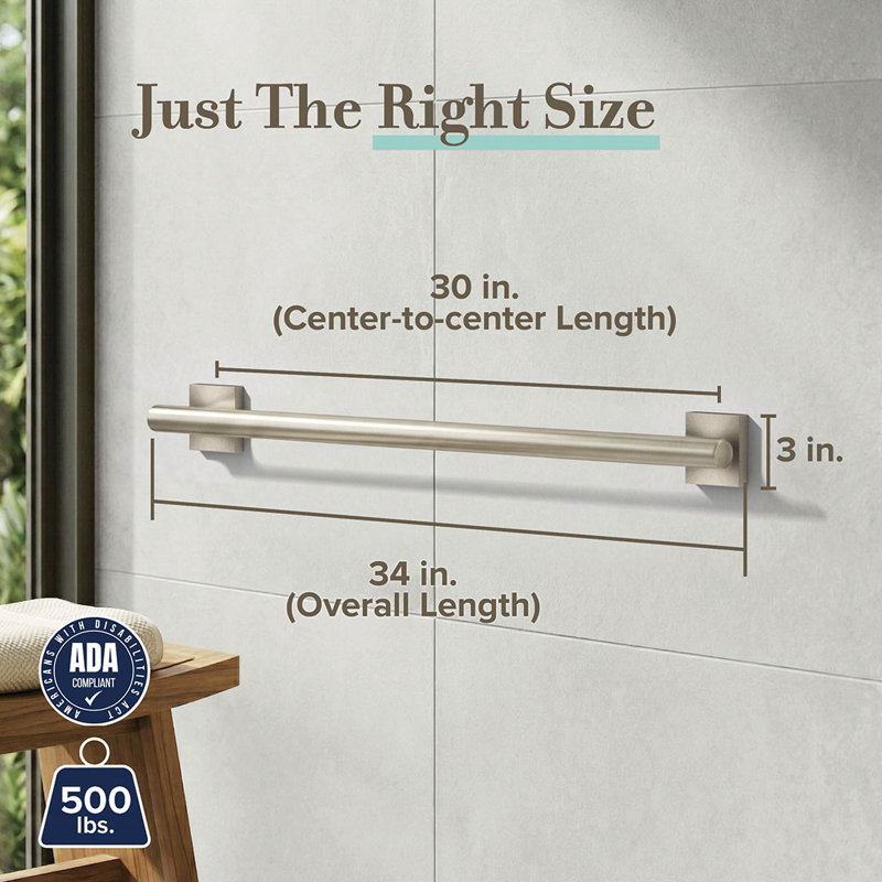 Elevate Wall Mount Stainless Steel Grab Bar, ADA Compliant Safety Bar, Satin Nickel, 30" W