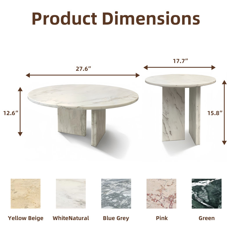 Table basse ronde en marbre 2 pièces pour salon, White