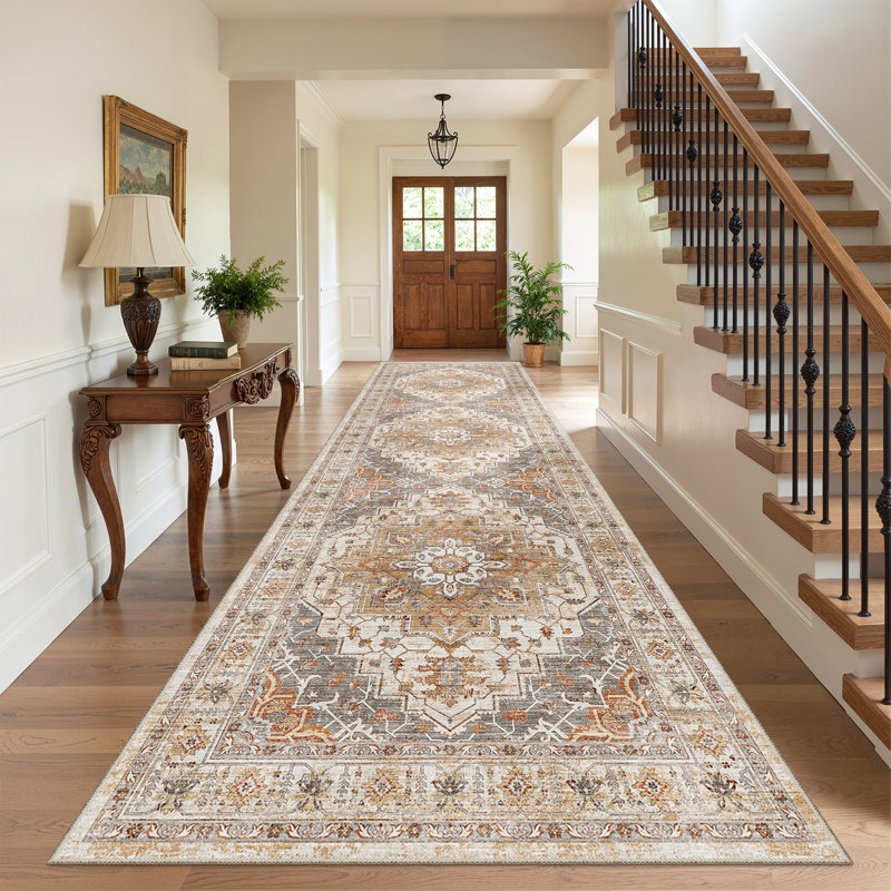 Malila Machine Washable Non-Slip Area Rug, Runner 3' x 10', Orange/Gray