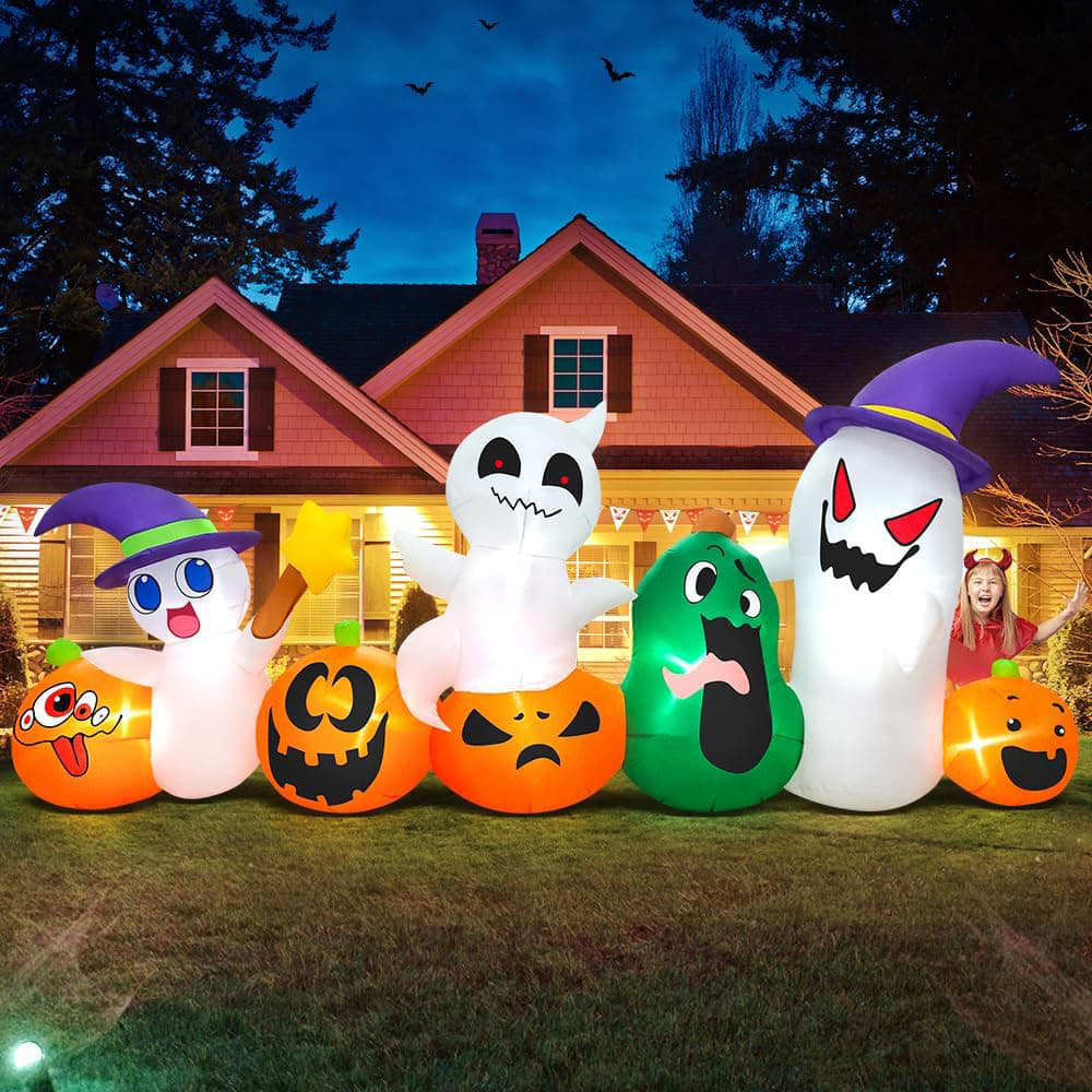 The Holiday Aisle® 8 ft Halloween inflatables ghosts pumpkins with hat ...