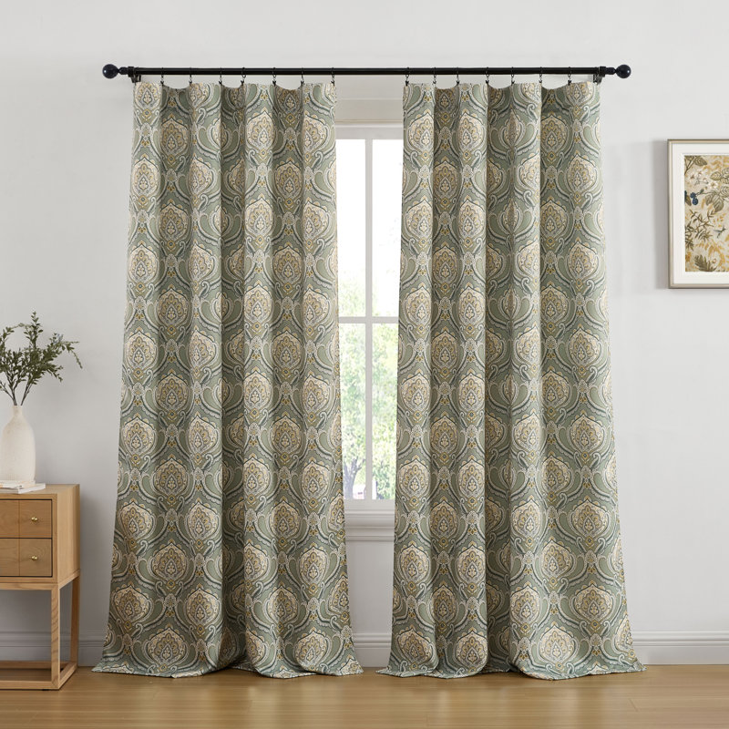 Messina Paisley Damask Patterned Window Back Tab Rod Pocket Curtains Bedroom - Light Blocking Darkening Window Panels, Set of 2