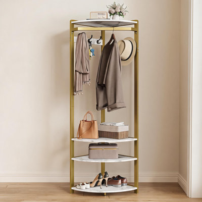 Porte-manteau autoportant avec 6 crochets doubles, banc à chaussures et étagère de rangement - Organisateur d'entrée, chambre, salon, gain de place, or et marbre blanc