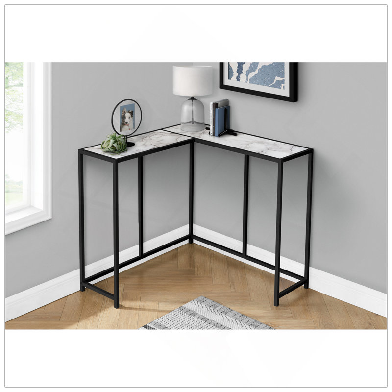 Accent Table, Console, Entryway, Narrow, Corner, Living Room, Bedroom, White Marble Look Laminate, Black Metal, Contemporary, Modern