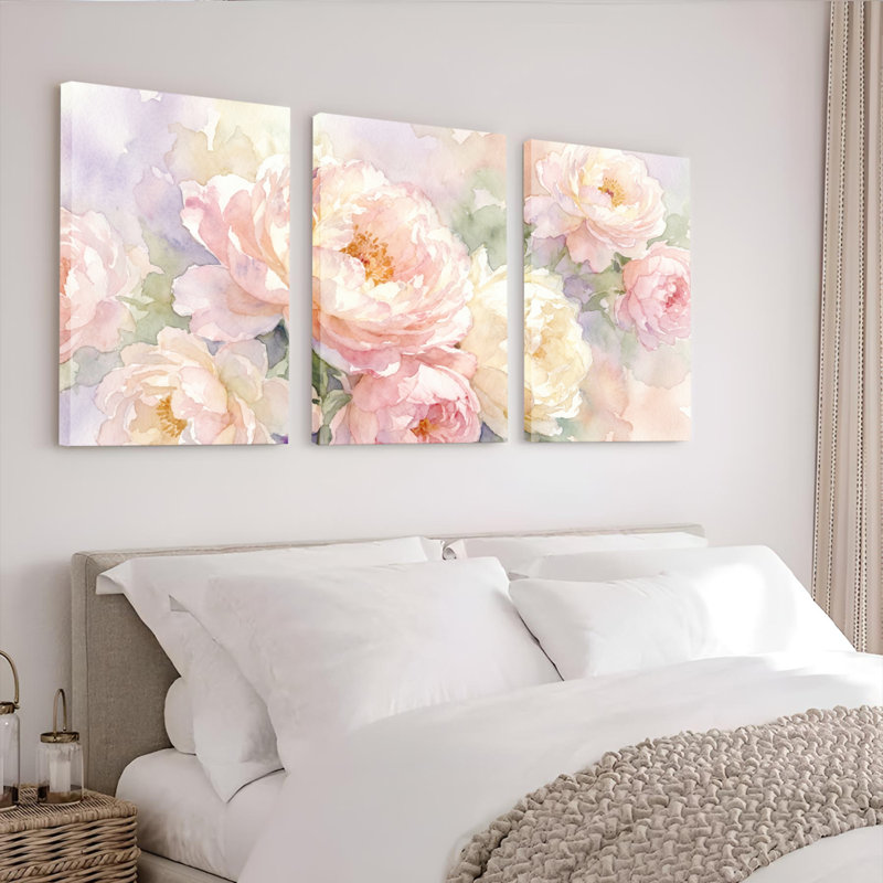 Ensemble de 3 tableaux muraux aquarelle de pivoines sur toile tendue, pour la décoration du salon et de la chambre.