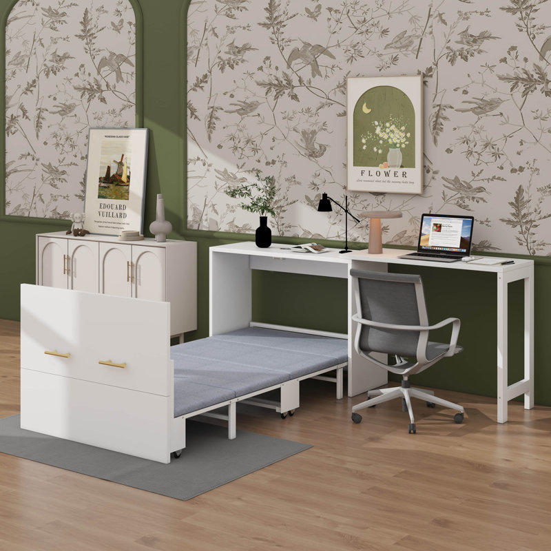 Lit simple escamotable avec commode et bureau escamotable, commode escamotable avec coussin pliable
