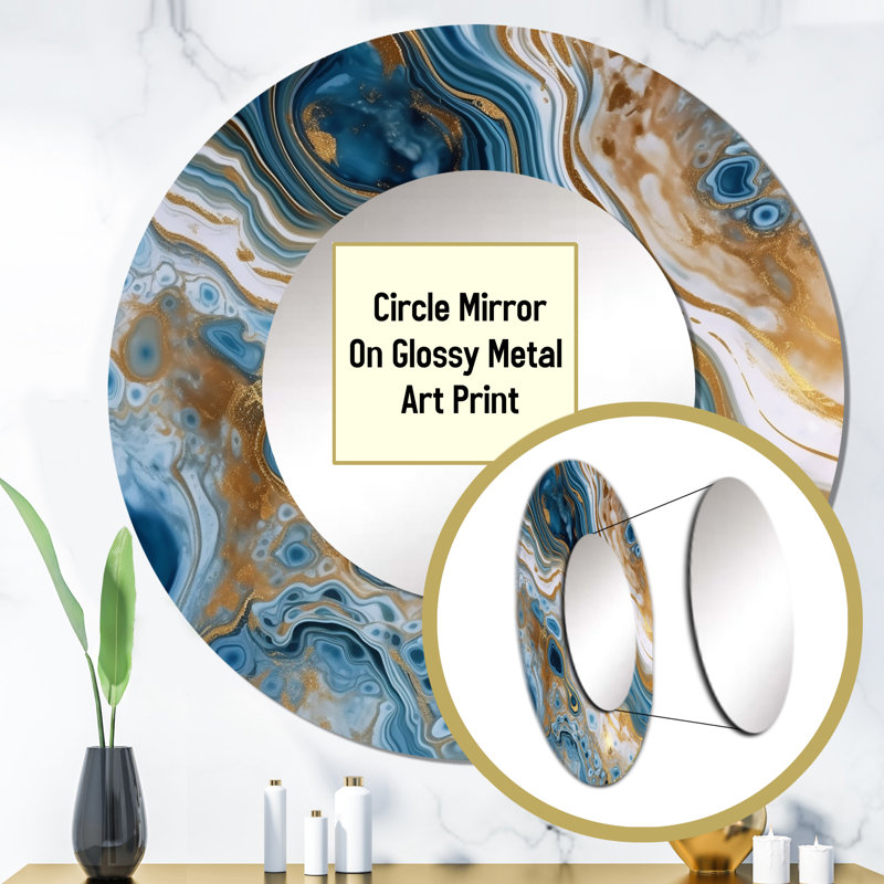 Blue and White Marble Dreams - Abstract Decorative Mirror, Blue Round Wall Mirror, Printed Metal Art, 36" x 36"