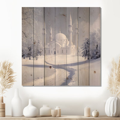 Mosque In The Snow Bursa Turkey - Islam White Wood Print On Natural Pine Wood