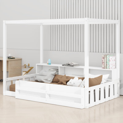 Lit Montessori au sol avec barrière, étagère et cadre de lit à baldaquin pour un montage facile et un rangement polyvalent pour la chambre
