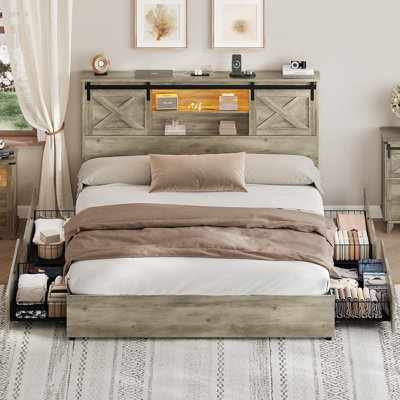 Farmhouse Bed Frame With Led Lights And 4 Storage Drawers, Wooden Platform Beds With Charging Station,rustic Bedroom Set With Storage Headboard And Sliding Barn Door