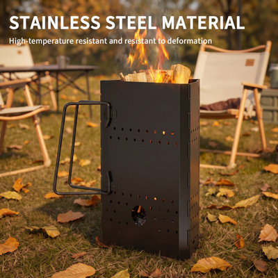 Allume-feu de cheminée en acier inoxydable pliable, seau à charbon de bois en forme de grille triangulaire en noir et argent, allumeur de charbon de bois à barbecue rapide portable pour les grillades en plein air