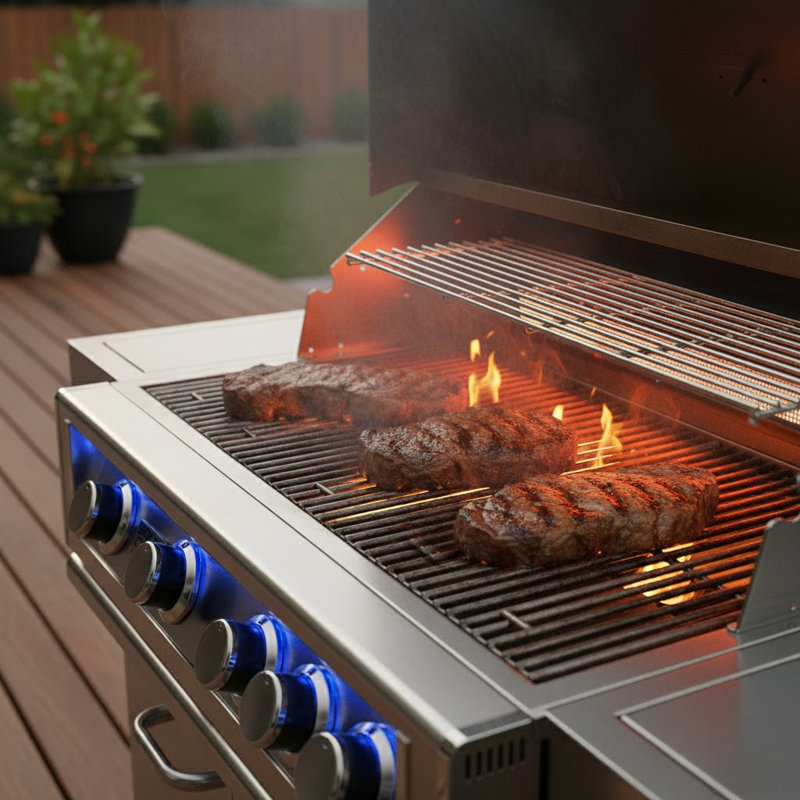 Barbecue au gaz encastré en acier inoxydable de qualité supérieure de 32 pouces BroilChef, 4 brûleurs principaux avec brûleur arrière (couvercle carré, lumières ambiantes)
