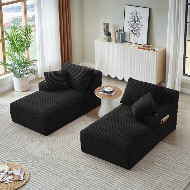 Compressible Double Chaise Lounge With Cupholders - No Assembly Required, Fluffy Modern Sleeper Loveseat For Indoor Living Room Bedroom Reading