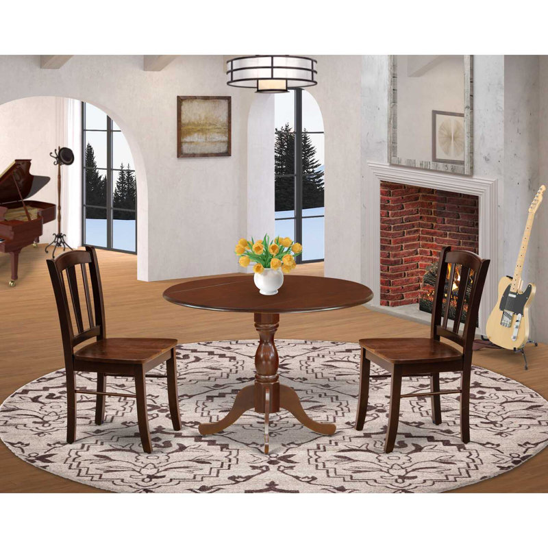 Natural Oak Finish Solid Wood Top - Round Dining Room Set with Dropleaf, Natural Oak, 3