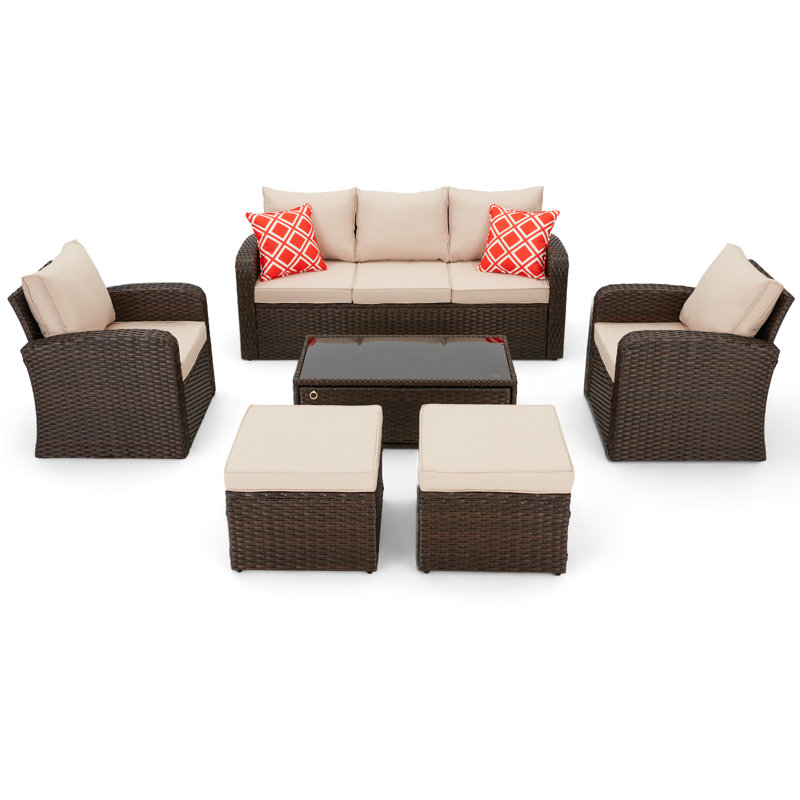 Ensemble de sièges de 6 pièces avec coussins, Coussin kaki / structure brune