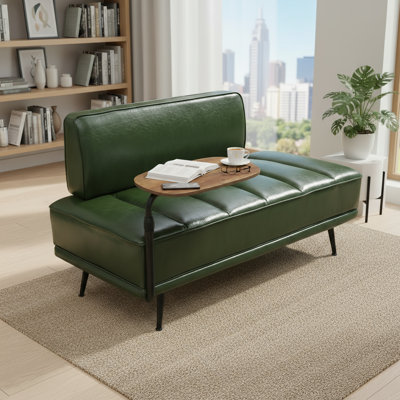 Modern Bedroom Bench, Green Faux Leather Pad, With Side Table And 360-Degree Rotating Tray, Entryway Ottoman, Metal-Leg Window Bench For Bedroom & Liv by Latitude Run