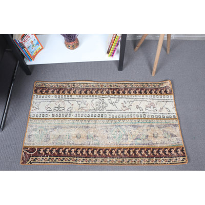 Small Turkish Vintage Patchwork Oushak Rug in Brown for Entryway Boasting an Oriental Boho Design