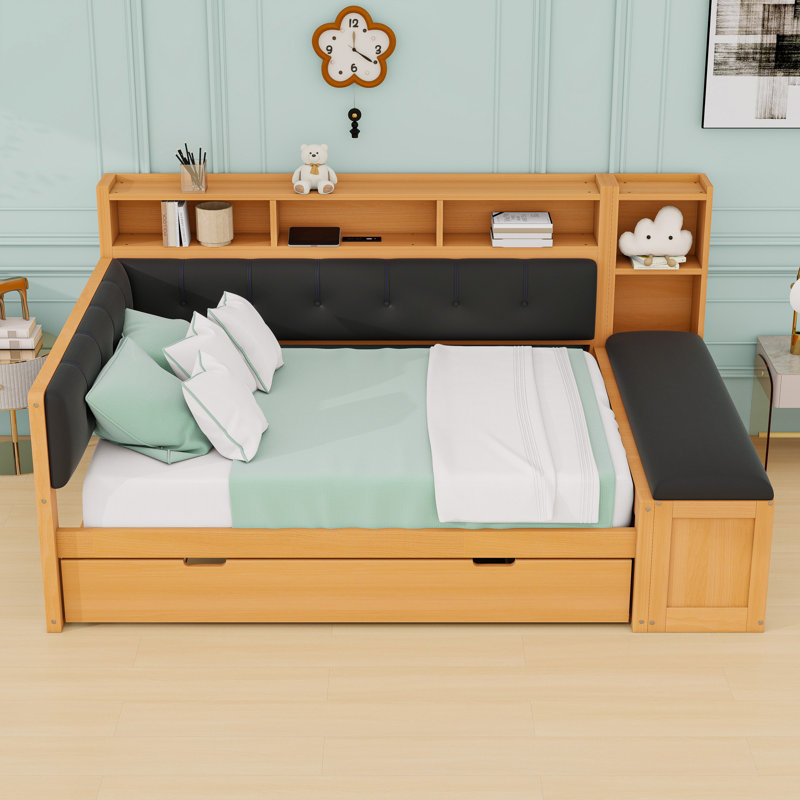 Full Wood Daybed with Twin Trundle, Charging Station, Drawers and Shelves, Natural Black