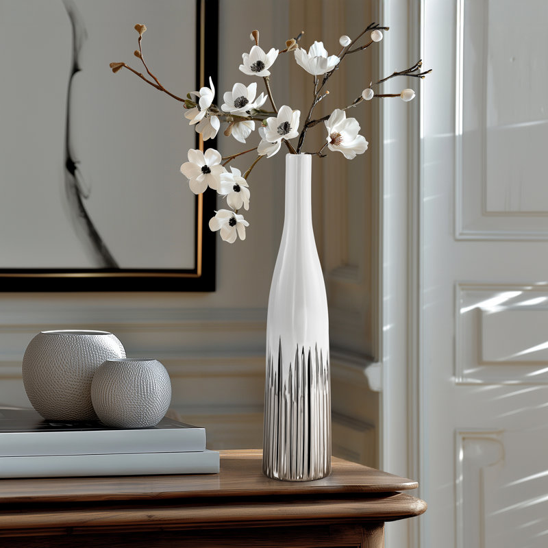 Solenne 16" Silver Ribbed White Ceramic Vase, 16 Inch