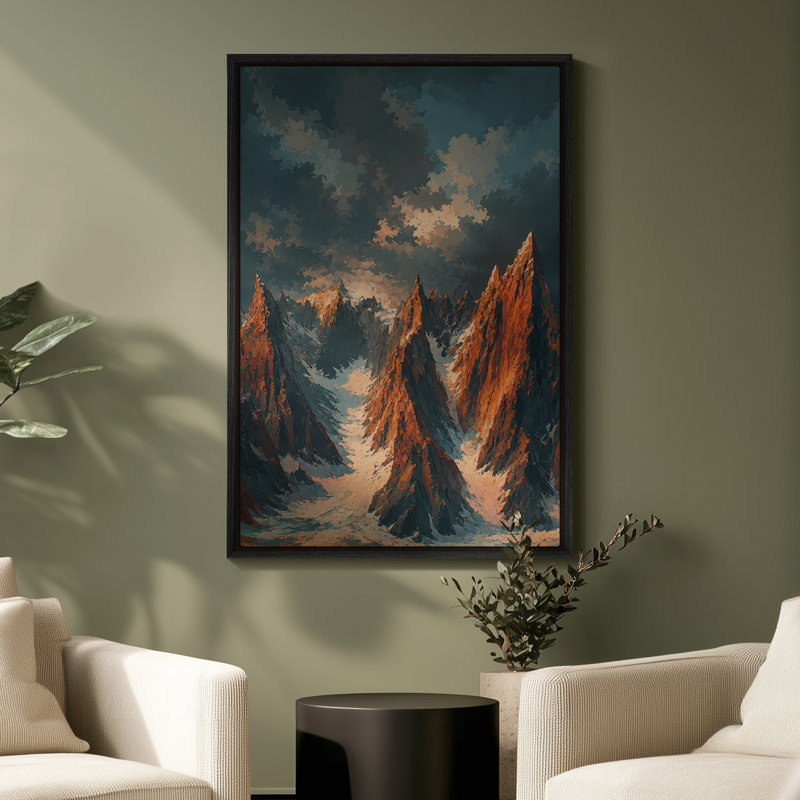 Art mural sur toile encadrée - Sommets de montagnes en cuivre dramatiques sous le ciel orageux - 16 po x 24 po, 24 po x 36 po
