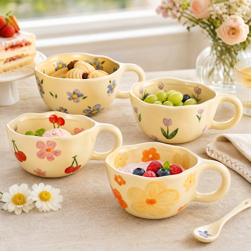 Ensemble de 4 tasses en céramique florales peintes à la main, ensemble de tasses à café à bord ondulé de 5,3 po de couleur bleu orange, rose et mauve pour les boissons au thé pour le petit-déjeuner
