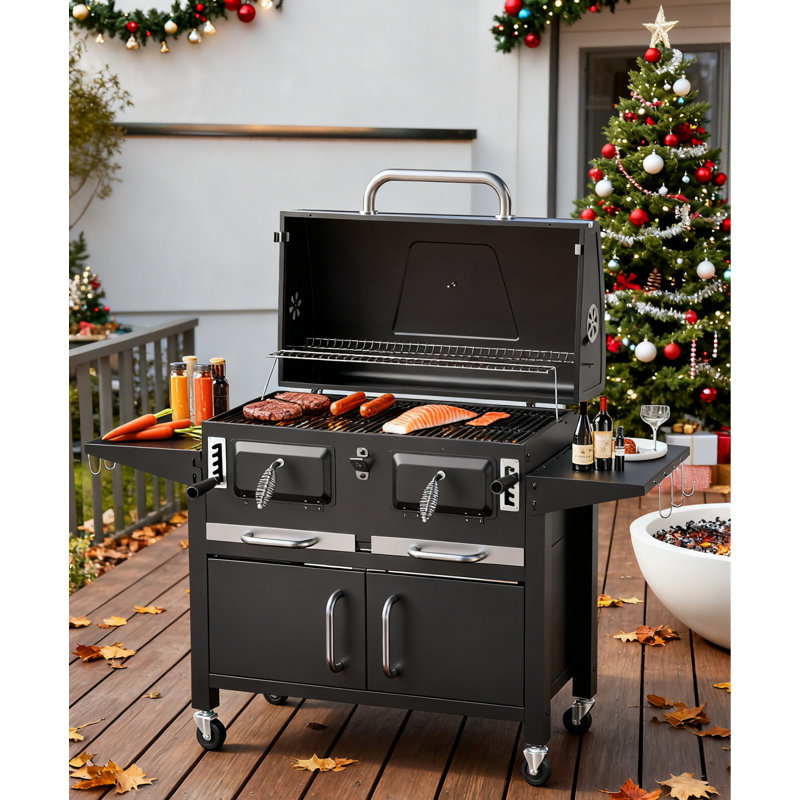 Barbecue au charbon 38 pouces avec surface de cuisson de 794 pieds carrés, barbecue extérieur avec 2 plateaux de charbon individuels et réglables, 2 tables d'appoint pliables, roues verrouillables, noir