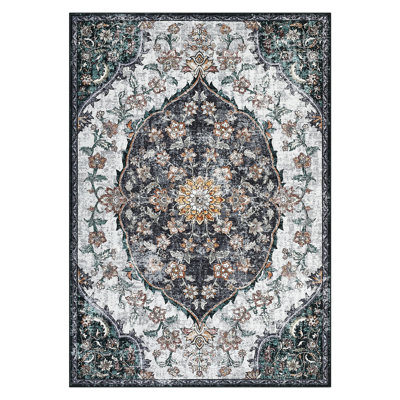 Vintage Machine Washable Bedroom Rug, Non-Slip Non-Shedding Low-Pile Dining Room Rug, Soft Rug for Living Room