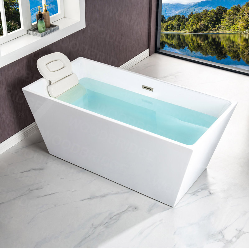 Baignoire de trempage rectangulaire autoportante en acrylique 59 po. X 29,5 po., Blanc / nickel brossé
