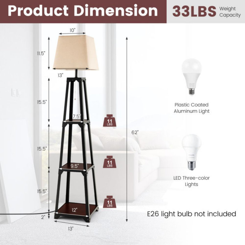 Trapezoidal Designed Floor Lamp With 3 Tiered Storage Shelf
