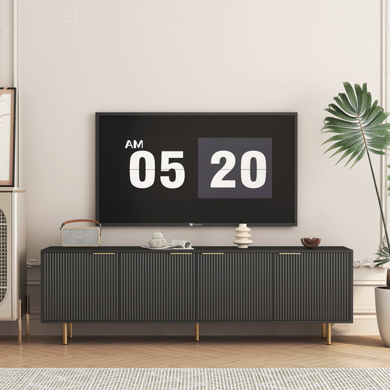 Black  Modern TV Stand Fluted 68" , Entertainment Center with Storage Doors, TV Console Media Cabinet,  for 55+ Inch TV, Living Room