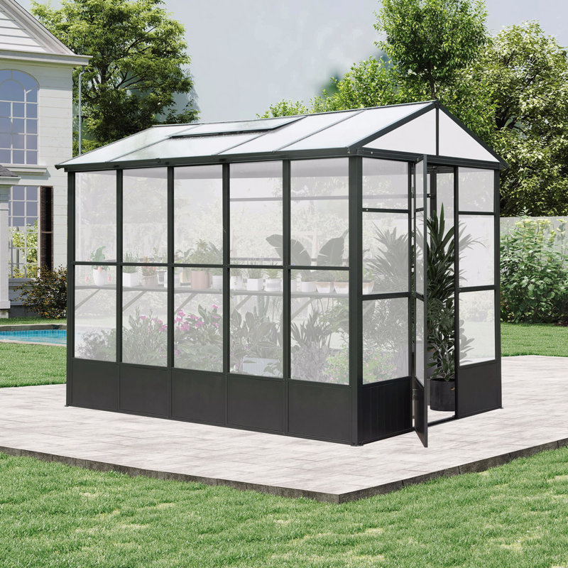 Greenhouse, Polycarbonate Green House With Fully Auto Temperature Control Vent, Outdoor Full Aluminum Heavy Duty Greenhouse With Extra Walk-In Height For Garden Backyard, Dark Grey